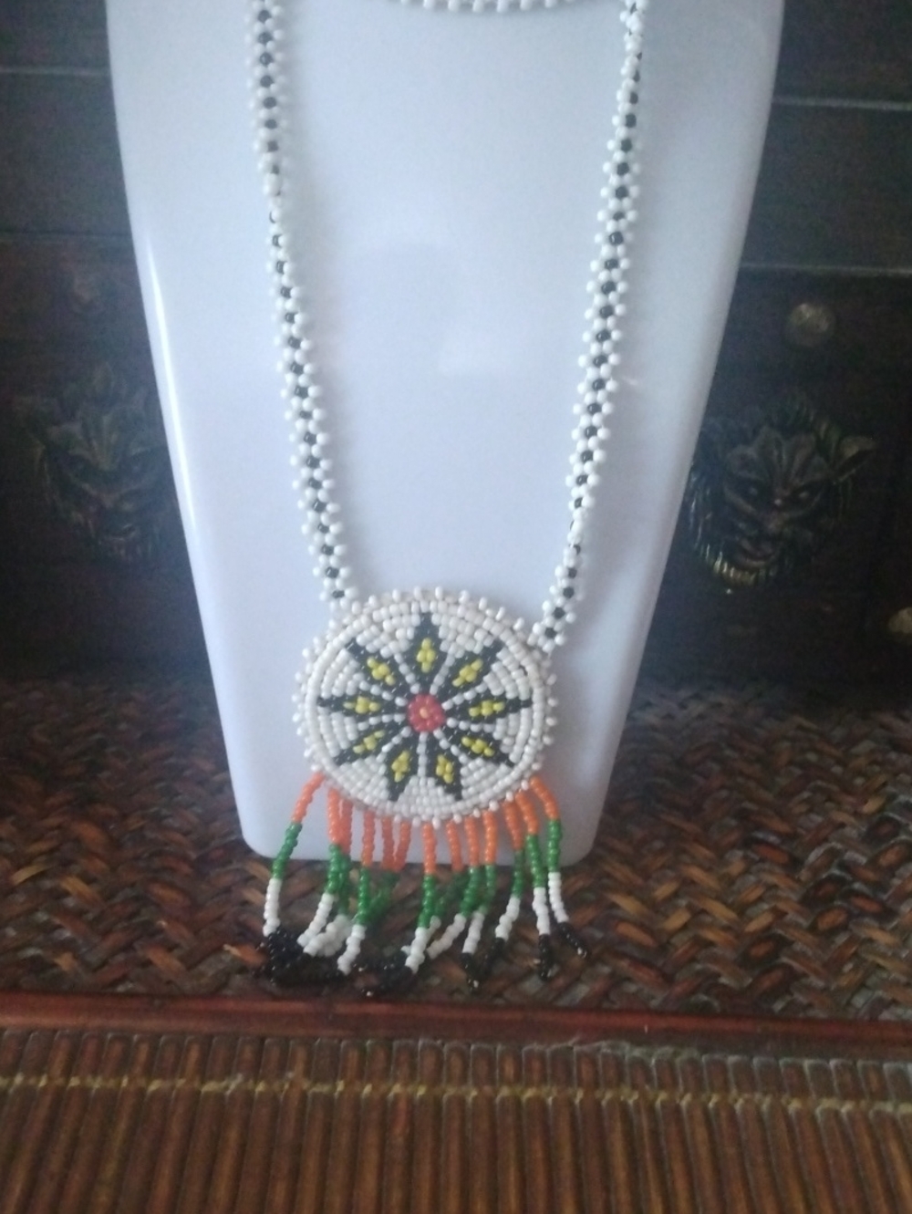 Handcrafted Navajo White Beaded Floral Pendant Necklace